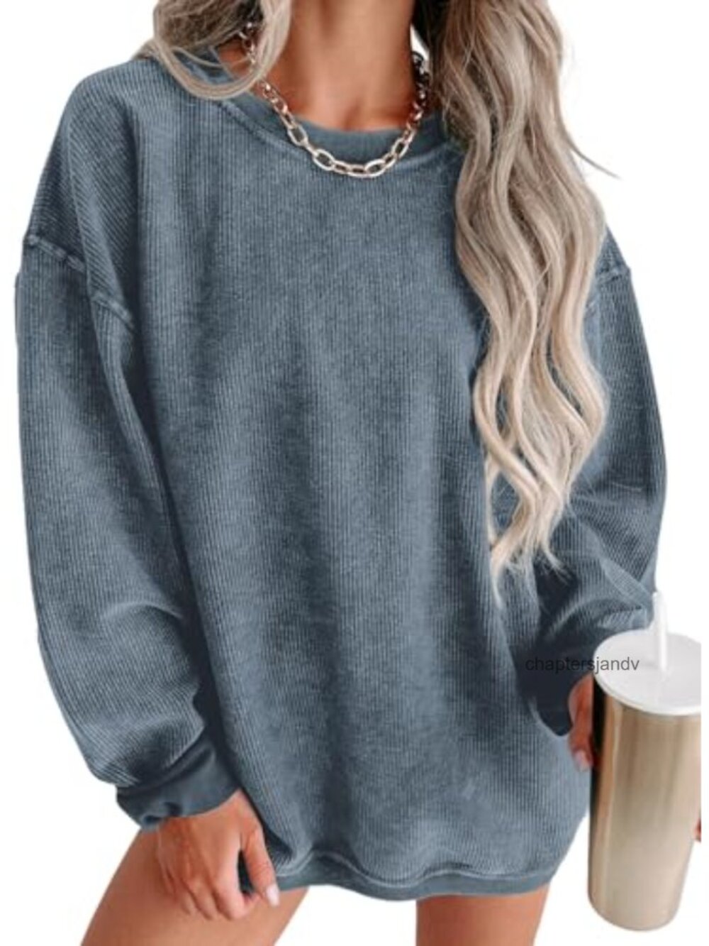 Women Oversized Crewneck Sweatshirt Ribbed Corded Long Sleeve Pullover